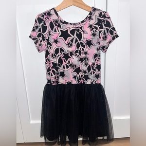 Pixie Lane short dress in pink, black, and gray bodice with black tulle skirt.